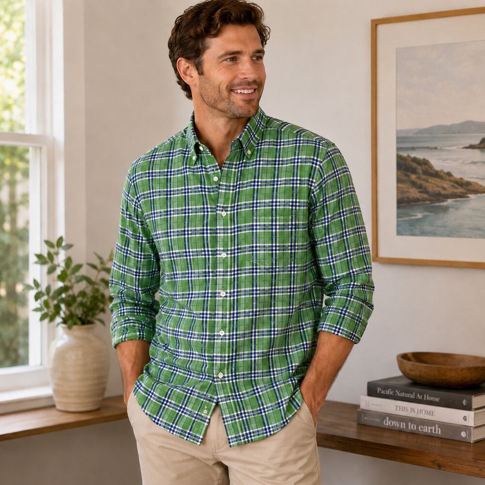Bobby Jones 100% Linen Plaid Button Down Shirt Green Blue Men’s Medium
